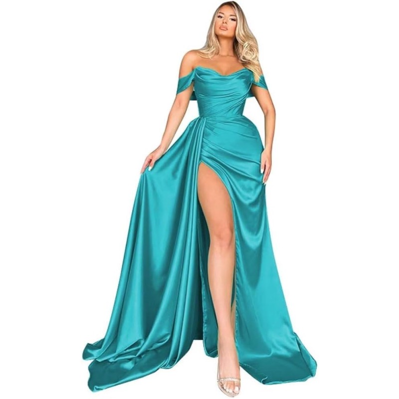 Off Shoulder Satin Bridesmaid Dresses Long Formal Gown For Wedding Ruched Prom Dress With Slit 