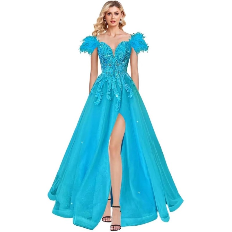 Feather Sequin Prom Dresses 2024 Plus Size Ball Gown Off Shoulder